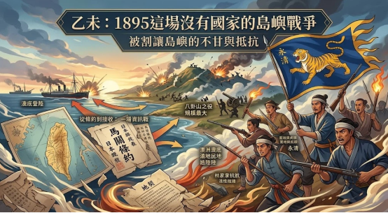 這是一幅還原「乙未年」重大歷史事件的史詩風格插画。左側展現馬關條約簽署、台灣地圖與澳底登陸戰況；右側描繪高舉黃虎旗的義軍手持槍械與火把奮勇抗敵，圖解1895年乙未戰爭中島嶼人民不甘割讓的抵抗過程。