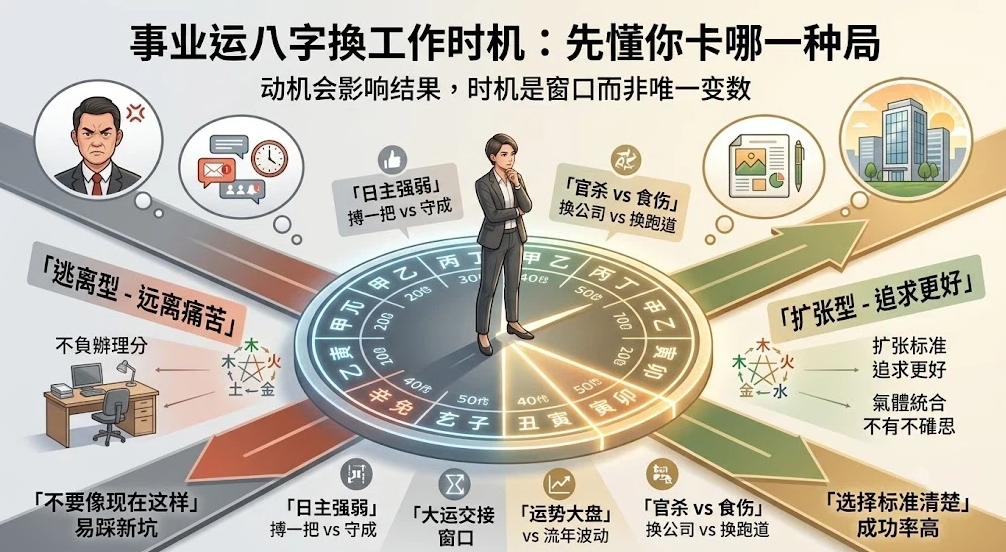 這是一幅解析「事業運八字」換工作時機的十字路口插畫。中央一名職場女性站在羅盤上思考，左側分支代表「逃離型（遠離痛苦）」，容易因衝動避禍而踩新坑；右側分支代表「擴張型（追求更好）」，搭配官殺與食傷的八字評估，能有明確標準提升轉職成功率。
