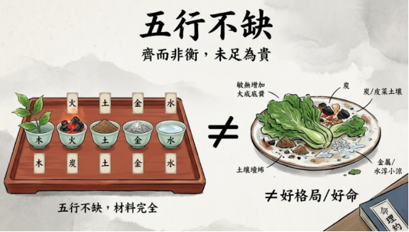 五行不缺封面插畫，以五行備料齊全卻未必成佳餚為喻，糾正五行齊全即好命的普遍認知誤區。