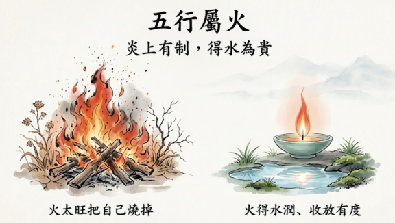 行屬火封面插畫，對比燥烈野火與溫潤燈火，闡明火命收火潤燥的核心邏輯