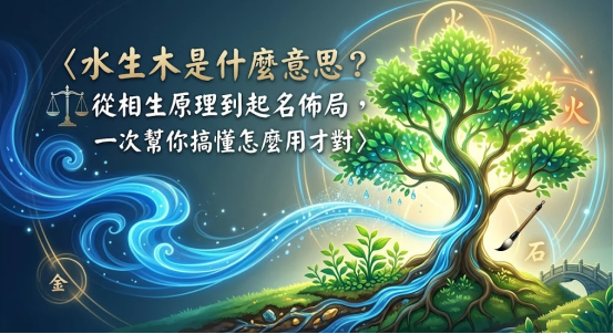 這是一幅深邃青藍與金黃交織的「水生木是什麼意思」全景解析圖，畫面左側泛起巨大的蔚藍色水流祥雲，沿著發光路徑向右橫向注入一棵長在綠色山坡上的繁茂大樹，具象化展示水能滋養木原型的動態過程。