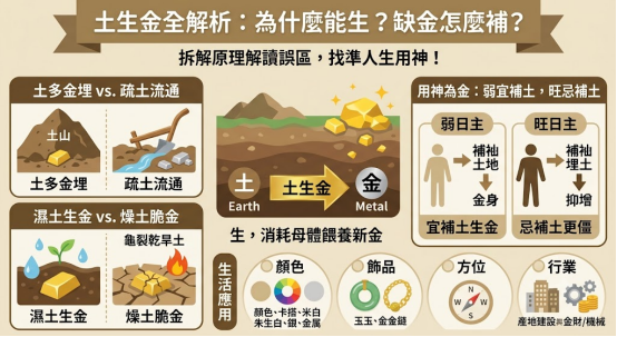 這是一幅結構化展示「土生金」五行轉化次序與人生用神微調的實用資訊看板。中央以粗箭頭清晰呈現黃土母體孕育新金的轉化關係。