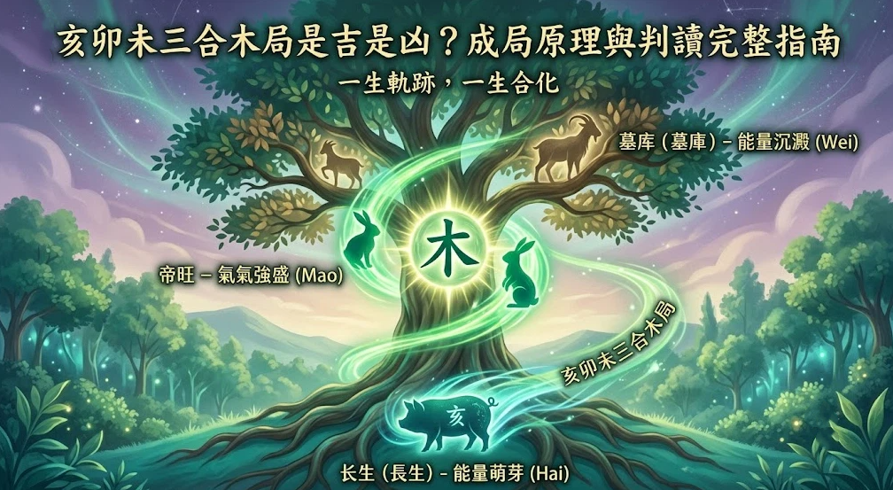 這是一幅以生命之樹具象化呈現「亥卯未三合」的圖表。底部生肖豬象徵亥水（能量萌芽），中部生肖兔象徵卯木（氣勢最旺，圍繞中央發光的「木」字），右上生肖羊象徵未土（能量沉澱），三者透過發光綠色軌跡連結成完整的三合木局。