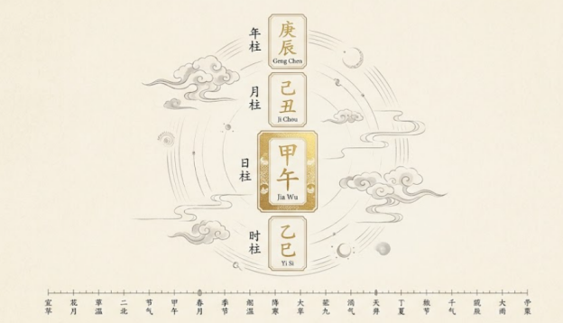 今日天干地支四柱干支封面图，突出日柱核心地位，呈现年月日时四柱体系与干支命理核心内涵