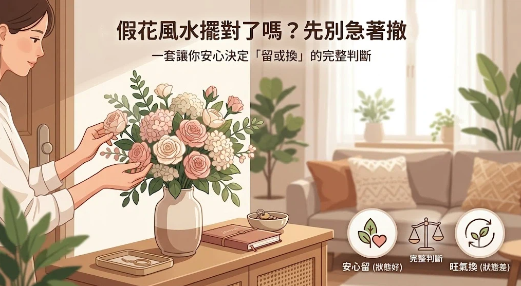 這是一幅解讀「假花風水」擺放邏輯的溫馨居家插畫。畫面左側一名女性正在玄關櫃上細心整理一盆精美的擬真人造花，右下角配有圓形標籤，提示讀者依據花材狀態好壞來做出「安心留」或「旺氣換」的完整風水判斷。