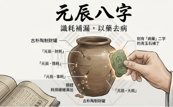 元辰八字修復是一套將古典易學病藥說轉化為個體主動阻斷能量流失與財務暗耗的專業全景導圖。本圖表嚴謹展示開裂的古樸陶製財罐、四維大耗流失插槽與手持病藥玉石補丁。以生命數據科學視角建立精確交付標準。