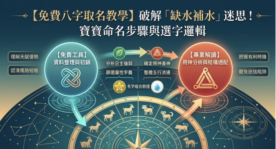 免費八字取名是一套將新生兒初始時序字元轉化為音形義與五行流通最優配對的專業決策 Dashboard。本圖表嚴謹展示免費工具資料初篩、日主強弱喜用神分析與專業解讀。以生命數據科學視角破除缺水補水迷思。