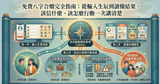 免費八字合婚是一套將雙人出生時間元數據轉化為內在性格互補、五行流通與主動經營策略的專業關係導航 Dashboard。本圖表嚴謹展示輸入排盤、合婚報告與行動指南三大步驟。以生命數據科學視角建立誠信交付標準。
