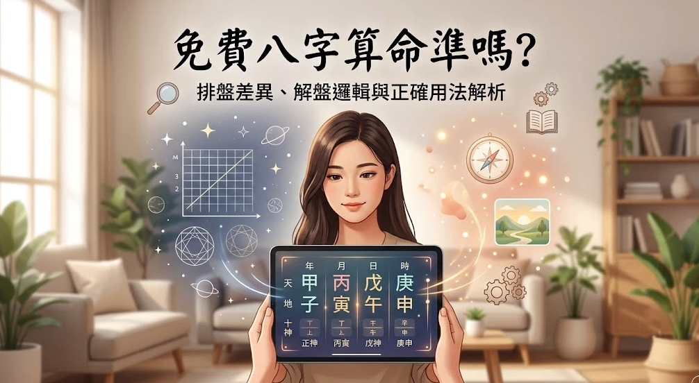一名女性在溫馨居家環境中手持顯示正統四柱（甲子、丙寅、戊午、庚申）的平板電腦，上方標註「免費八字算命準嗎？排盤差異、解盤邏輯與正確用法解析」。周圍環繞著象徵數據統計的折線圖、指南針、書籍與齒輪等發光 Sticker，用以客觀辨析自動化解盤的資訊邊界。