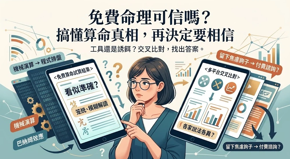 這是一幅探討「免費命理」可信度的資訊插畫。中央一位戴眼鏡的女子若有所思，左右兩側平板電腦分別顯示程式排盤的籠統解讀與多平台交叉比對；畫面標註了「巴納姆效應」與「留下焦慮鉤子轉付費」等關鍵字，提醒讀者理性辨別免費算命工具背後的邏輯與陷阱。