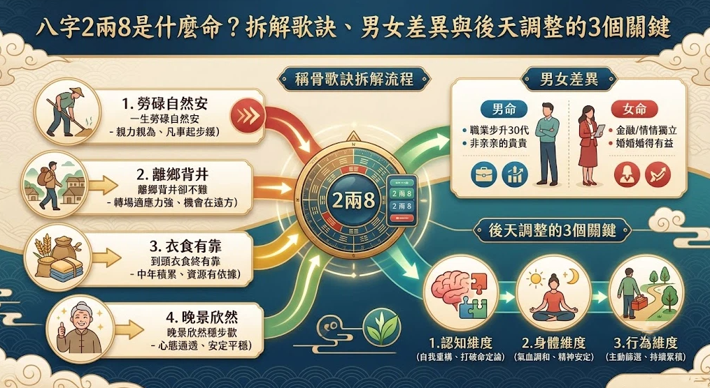 一幅解析「八字2兩8」全景工作流的數據。頂端為核心主題橫幅；左側由多色導軌引出勞碌自然安、離鄉背井、衣食有靠與晚景欣然四部歌訣拆解；中央高亮聚焦「2兩8」八卦羅盤；右上方橫向分流男命與女命的獨立行為特徵；右下方則精密鋪陳認知、身體、行為 3 維度的後天調整關鍵路徑。