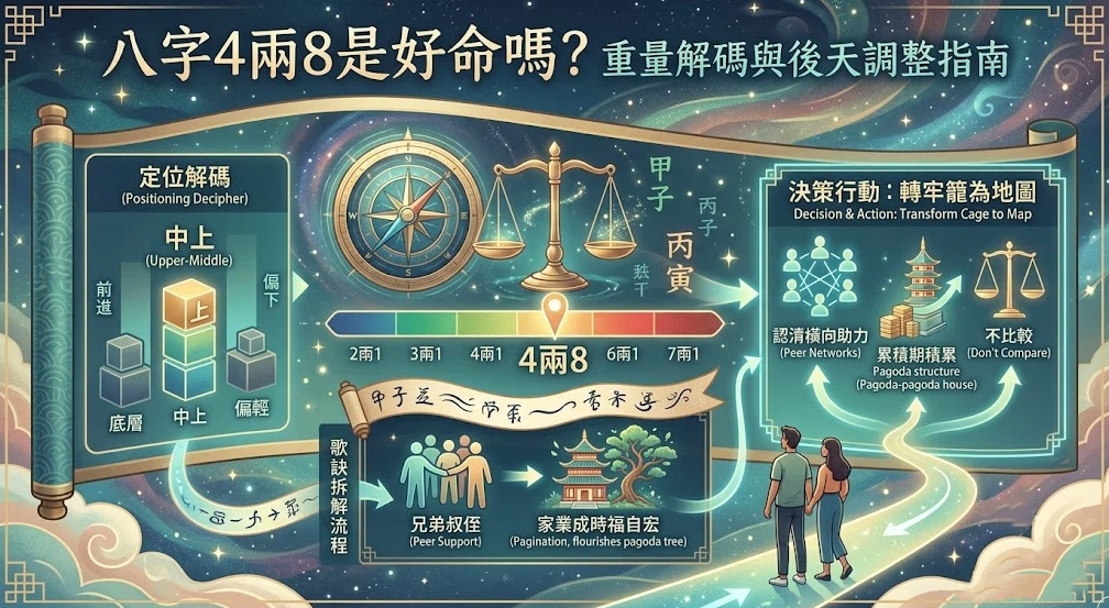 這是一幅星空卷軸風格的「八字4兩8」命理分析與後天調整指南圖，左側將4兩8定位解碼為底層、中上與偏輕當中的「中上」格局；中央以黃金羅盤、天平及漸層進度條高亮標示出「4兩8」在稱骨重量中的平衡控制點，下方由導軌引出歌訣拆解流程，將古典詩句轉譯為「兄弟叔侄（認清橫向助力）」與「家業成時福自宏（累積期累積）」；右側則由一對現代男女牽手走向發光道路，最終落地於認清助力、塔式積累、不盲目比較的「決策行動：轉牢籠為地圖」終端。