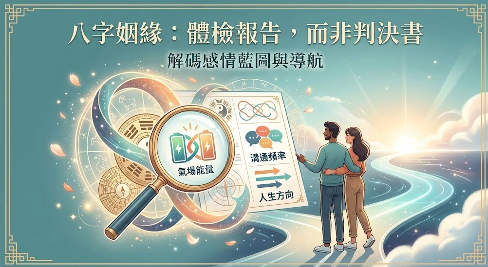 一幅現代男女並肩眺望發光河流與日出的八字不合化解導航圖。左側放大鏡聚焦於雙色電池互聯的「氣場能量」莫比烏斯環，右側對齊「溝通頻率」與「人生方向」的對話氣泡與雙向箭頭面板。頂端宣告「八字姻緣：體檢報告，而非判決書」，引導讀者以理性視角破除宿命論盲區。