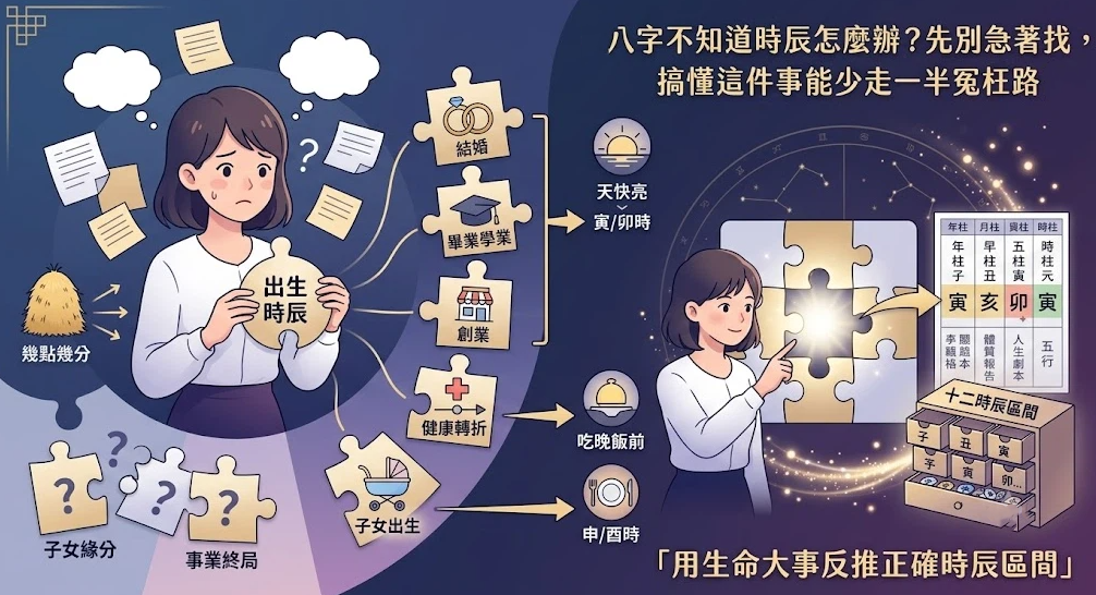 這是一幅介紹「八字不知道時辰」解決方案的漫畫插圖。左側展示一名因缺乏出生時間而困惑的女性，身旁圍繞著結婚、畢業、創業等生活拼圖；右側則展示她將這些關鍵人生事件與天快亮、吃晚飯前等生活記憶結合，嵌入八字命盤拼圖中，直觀呈現「用生命大事反推正確時辰區間」的定盤過程。