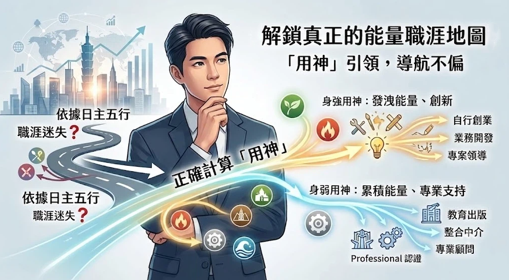 一張現代風格的圖表，展示如何利用八字五行職業理論規劃職涯。畫面左側標示僅依據「日主五行」會導致迷失，中央一位沉思的商務人士被「用神」光束引領。右側分為兩條路徑：上方「身強用神」指向自行創業和創新，下方「身弱用神」指向專業支持和顧問，清晰圖解「用神」對個人事業發展的精準導航作用。