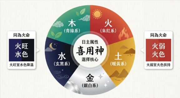 八字五行顏色封面插畫，以五行色盤闡明喜用神選色核心，對比同屬性不同旺衰的選色差異。