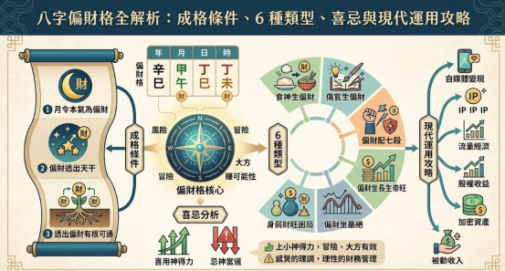 八字偏財格全解析是一套將個體特定資源控制力轉化為多渠道現代變現與風險控制指標的專業決策系統。本圖表嚴謹展示成格條件卷軸、六種格局亞型與自媒體、加密資產等五大現代運用戰略。以生命數據科學視角建立精確適配標準。