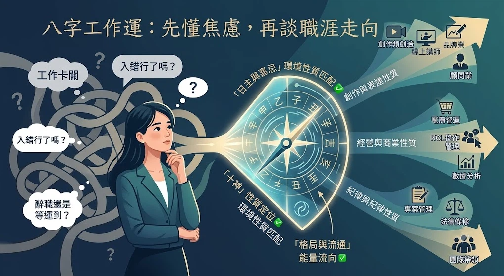 這是一幅解讀「八字免費算職業」心態與定位的資訊插畫。左側一名陷入工作卡關、入錯行等迷茫思緒的女性，透過中央發光的「日主與喜忌」命盤羅盤，將自身特質精準對應至右側三條職涯路徑：創作與表達性質（如線上講師）、經營與商業性質（如數據分析），以及紀律性質（如專案管理）。