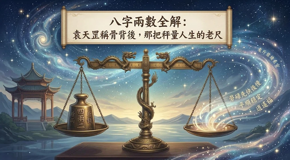 一幅結合古典青銅雙龍天平與星空漩渦的八字兩數全解導圖。頂端懸掛卷軸橫幅標題；左側秤盤承載刻有「四兩二」的實體青銅砝碼，代表初始命理設定的靜態重量；右側秤盤則釋放出代表主觀能動性與流年機會窗口的發光粒子流，向右盤旋引出勞碌先快後慢、平順穩定、逍遙福等動態命運軌跡。