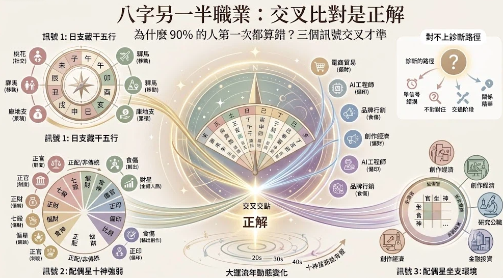 這是一幅解碼「八字另一半職業」的全景數據 圖，中央以扇形指針羅盤聚焦「交叉點正解」，並向下對齊大運流年動態變化與年齡段軸線。