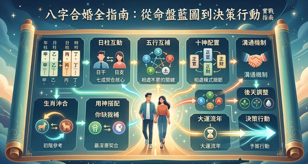 一幅鋪展開來的古典卷軸合婚實戰指南。中央為一對現代男女牽手走向發光道路；左側依序線性梳理四柱干支矩陣、生肖沖合（初階參考）、日柱互動（七成契合核心）與用神搭配（最深層契合）；上方傳導至五行互補輪盤與十神配置（正官、正財相處模式）；右側則最終落地於溝通機制、後天調整與大運流年催化下的「決策行動」終端。