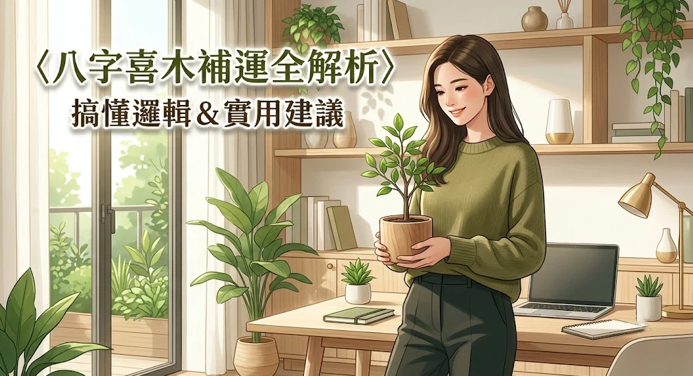 這是一幅「八字喜木補運全解析」的場景插畫。畫面右側一名身穿綠色毛衣的女性在陽光充足、擺滿綠植的書房中手捧盆栽，左側標有「搞懂邏輯 & 實用建議」大字，形象化地展示如何透過植物和自然環境進行後天木元素的能量補益。