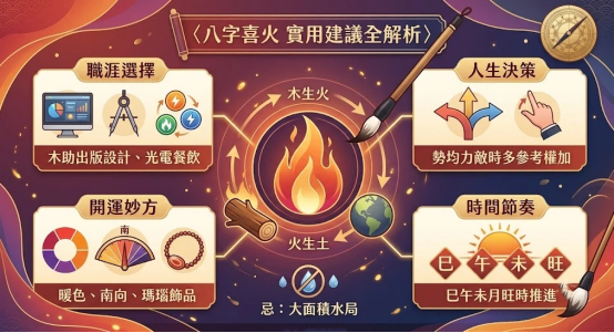 這是一幅「八字喜火」的實用建議圖。中央展示以火焰為核心的「木生火、火生土」循環，並標註「忌大面積水局」；四周對稱分佈職涯選擇（設計與餐飲）、人生決策、開運妙方（暖色與瑪瑙）及時間節奏（巳午未月）四個引導板塊。