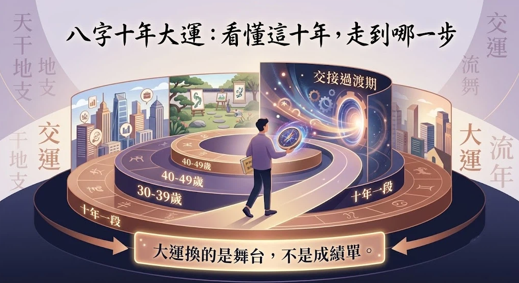 這是一幅介紹「八字大運免費」解析邏輯的環形階梯插畫。畫面中央一名男子手持羅盤行走於標有30-39歲、40-49歲的十年階梯上，前方穿過「交接過渡期」的光門走向不同城市場景；底部標註「大運換的是舞台，不是成績單」，直觀展示十年一大運的轉折與過渡。