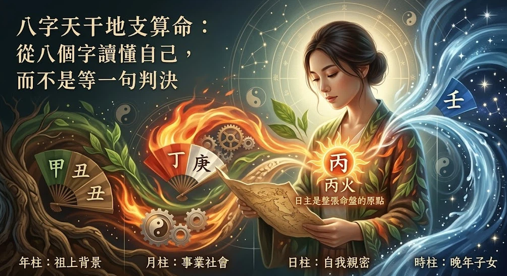 這是一幅介紹「八字天干地支算命」核心哲學的國風藝術插畫。畫面右側一名女子手持地圖，胸前發光的「丙火」標註日主為命盤原點；畫面橫跨五行元素，底部依序對應年柱（祖上背景）、月柱（事業社會）、日柱（自我親密）與時柱（晚年子女），傳達從八個字讀懂自我的算命意涵。