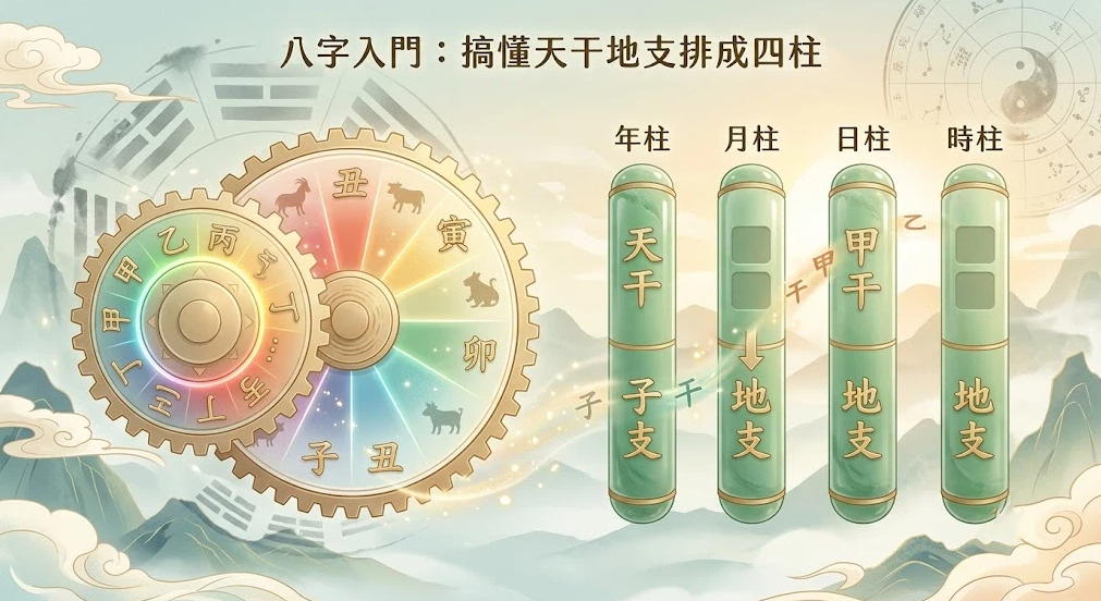 這是一幅古典國風風格的八字入門圖解。左側展示代表天干與地支相互咬合的雙齒輪；右側立有四根玉石柱，分別標註年柱、月柱、日柱與時柱，每柱由上方的天干與下方的地支上下組合而成，直觀演示「八字天干地支」排列成四柱八字的底層結構。