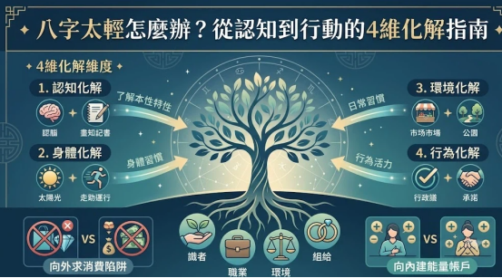 以一棵生命之樹為控制中心的八字太輕化解藍圖。左側條列認知與身體化解的腦部、太陽光圖標；右側對齊環境與行為化解的市場、承諾徽章。底端以對比網格警示讀者應阻斷外求消費陷阱，改向內建立心智與職業能量帳戶。