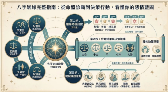 這幅圖以中央「先天命格能量（出廠設定）」黃金羅盤為總線控制核心，線性鋪陳八字姻緣從診斷到最終變現行動的完整決策藍圖。