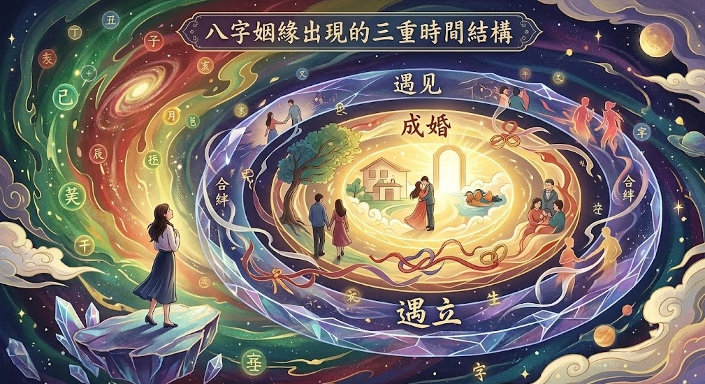 一名現代女性站在懸崖巨石上，眺望由星空、干支代碼（子、亥、辰）與發光軌道構成的姻緣年輪。圓環由外向內垂直分流為「遇見」、「確立」與最核心有房屋、伴侶相擁、鴛鴦圖標高亮發光的「成婚」三重時間結構。頂端標註「八字姻緣出現的三重時間結構」，用以說明時序與個體主觀意志的動態契合。