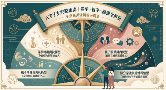 這是一幅古典墨綠色調的「八字子女完整指南」因果機制解析圖，頂端以懸掛的古卷軸宣告備孕、親子與關係全解析主題，中央以宏大的星盤指針羅盤為核心總線。