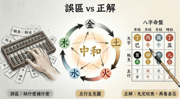 八字屬性封面插畫，對比數五行缺補的常見誤區與中和平衡邏輯，強調旺衰喜忌優先於數量。