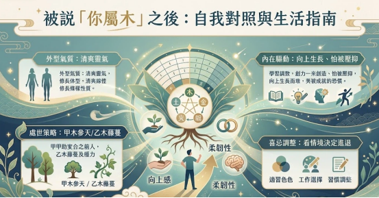 這是一幅柔和青綠色調的「被說你屬木之後」自我對照與生活指南圖，中央以長出綠葉與根系的五行生剋核心輪盤為總線，引導底部的現代男子沿著箭頭向上探索木原型的「向上感、柔韌性」心智特徵