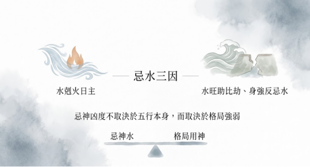 莫蘭迪水霧質感八字忌水主題封面，拆解三類忌水成因，闡釋忌神吉凶由格局定的核心邏輯
