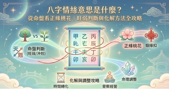 八字情絲意思是指個體在時空代碼中所隱喻的親密關係能量飽和度與動態干擾模型。本圖表嚴謹展示中央神煞字元書卷、左側旺弱沖剋判定與下方化解調整攻略路徑。以生命數據科學視角破除盲目宿命論，建立精確評估標準。
