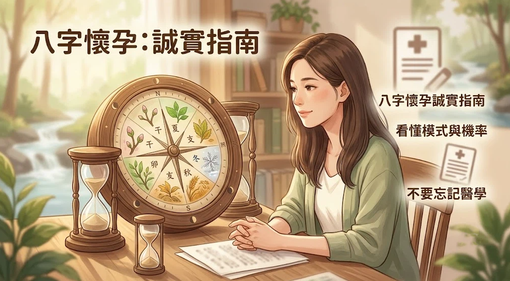這是一幅色調柔和溫馨的「八字懷孕：誠實指南」認知圖表，畫面右側一名現代女性端坐於桌前，身後伴有象徵現代醫學的醫療診斷書圖標與「看懂模式與機率、不要忘記醫學」等去載降噪的文字標註。