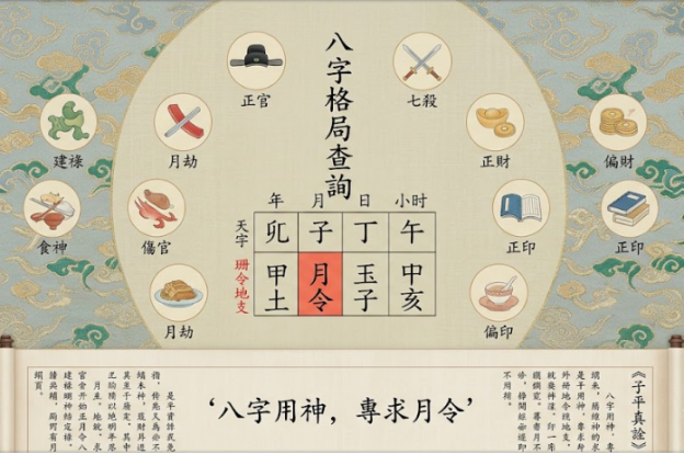 宫廷绢本工笔风格八字格局查询封面，以月令为核心，展示十大基础正格命理体系