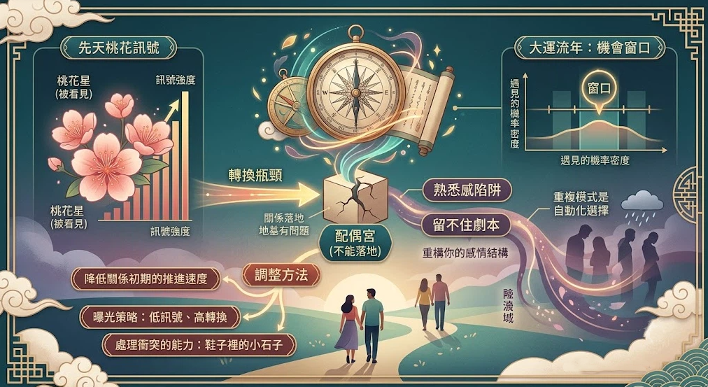 這是一幅古典墨綠色調的「八字看桃花」因果機制解析圖，中央以黃金羅盤與卷軸為核心控制總線，向左引出代表「先天桃花訊號（桃花星、訊號強度）」的粉色桃花與遞增條形圖，向右則對齊「大運流年：機會窗口」的遇見機率密度曲線圖。
