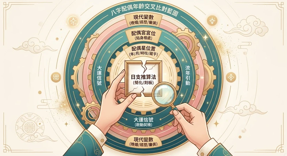 這是一幅解析「八字看配偶年齡」多維度交算的古典科技風同心圓圖，中央由雙手手持放大鏡，聚焦並戳破一個寫著「日支推算法（簡化／刻板）」的裂開方塊，用以破除單一斷命的迷思。