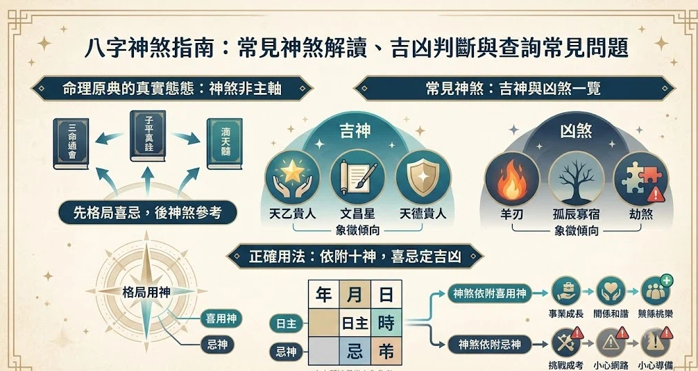 八字神煞指南是一套引導用戶排除大眾玄學迷思、依循正統子平命理建立格局用神防禦機制的專業決策 Dashboard。本圖表平行展示吉神與凶煞象徵卡片、左側三大古籍脈絡，與底端依附用神定吉凶之雙軌分流工作流。