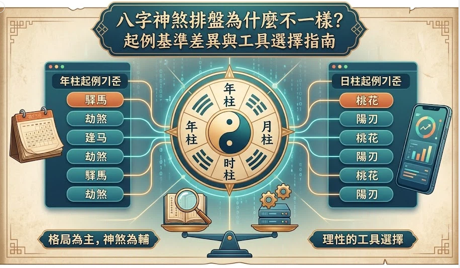八字神煞排盤是一套將局部干擾波譜依據不同時間軸原點進行分類對照的專業全景。本圖表嚴謹展示中央四柱太極羅盤、左右兩側年柱與日柱起例基準，與底端天平風控矩陣。以生命數據科學視角建立工具選擇標準。