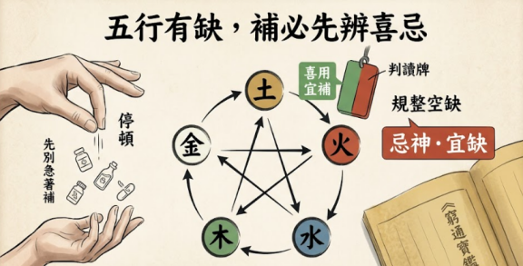 八字缺什麼封面插畫，以五行環空缺搭配喜忌判讀牌，糾正缺則必補的誤解，強調先辨屬性再論補的核心。