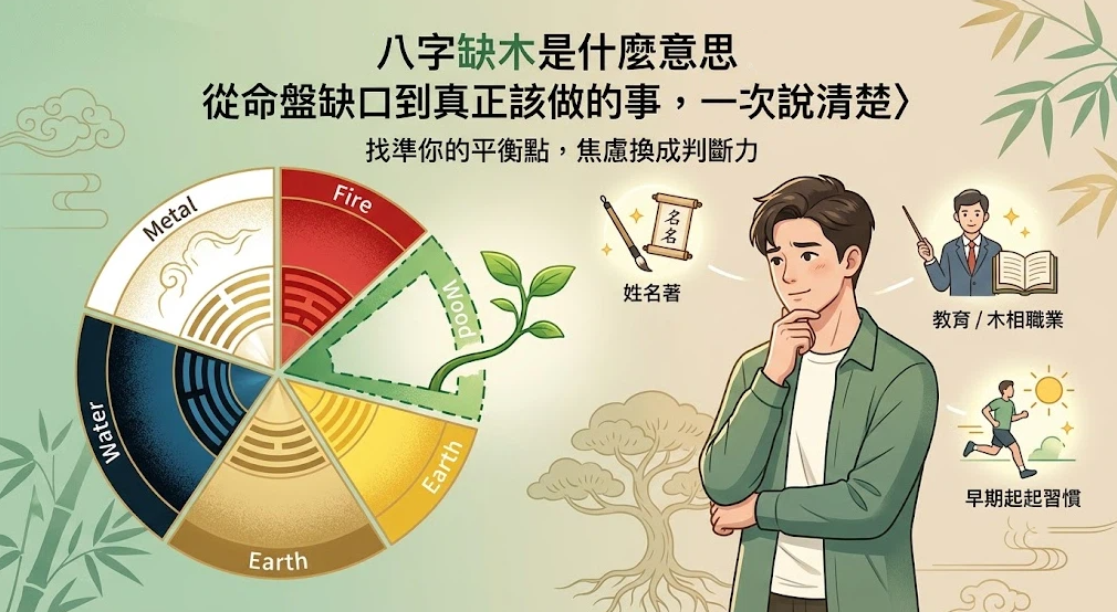這是一幅解析「八字缺木」正確應對方法的溫馨插畫資訊圖，左側展示一個包含金、水、土、火的五行八卦圓盤。