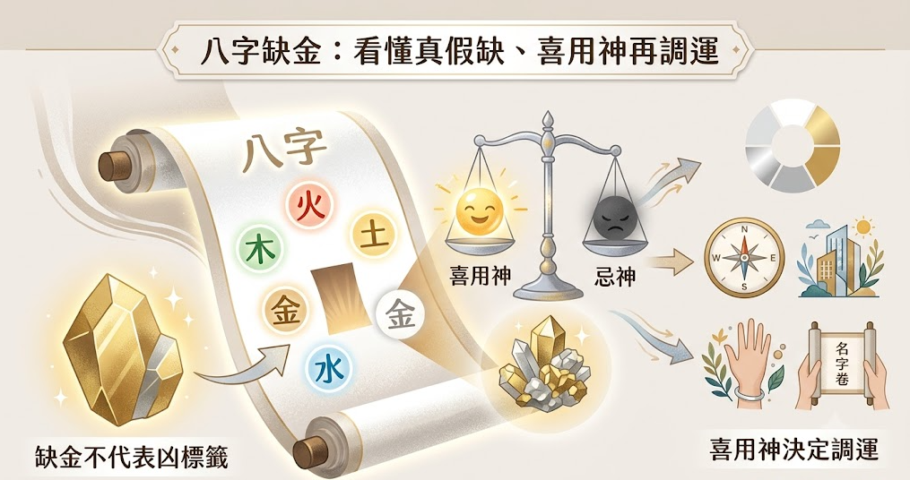 這是一幅米黃色調的「八字缺金」調運機制全景圖，左側展示寫有五行圓球的八字卷軸與金色礦石，標註「缺金不代表凶標籤」以破除民俗宿命迷思；中央以天平秤重對比代表「喜用神」的發光笑臉與「忌神」的黑色生氣面具，下方配有發光的水晶礦石；右側則平行排列色環、指南針、大樓、配戴手鍊與名字卷軸等生活化解方案，底端標註「喜用神決定調運」字樣，引導精英讀者理性化解命盤缺陷。