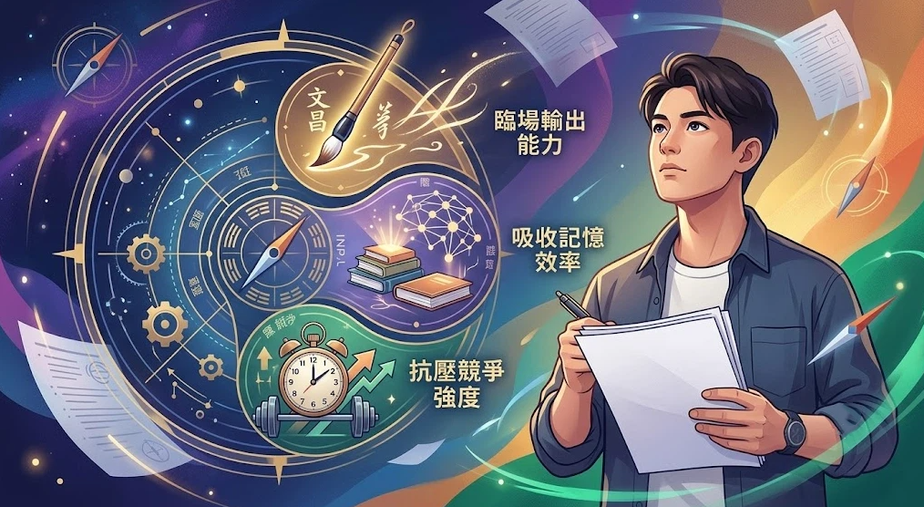 這是一幅詮釋「八字考試運」的星空奇幻插畫。右側一名手持考卷與筆的青年專注思考；左側以星盤結合太極氣旋，將應試能力拆解為文昌筆代表的「臨場輸出能力」、書籍代表的「吸收記憶效率」，以及鬧鐘與啞鈴代表的「抗壓競爭強度」，全方位說明影響考試表現的八字關鍵。