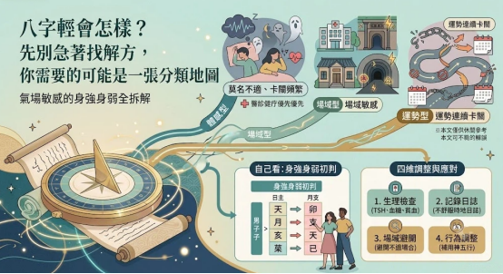這是一幅莫蘭迪綠色調的「八字輕會怎樣」分類地圖資訊圖表，左側以日晷與古卷軸為起點，向右延伸出三條核心診斷導軌