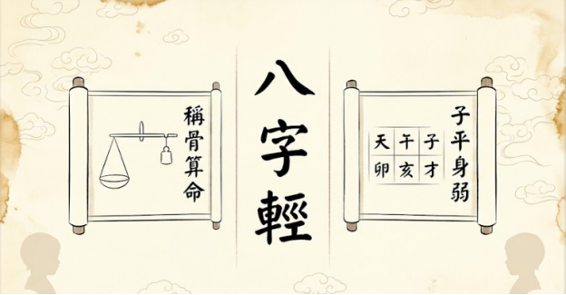 宋代澄心彩箋手札風封面，對比稱骨與子平八字兩體系，辨析「輕」的不同命理含義